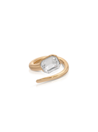 Gold-tone open wrap ring with clear rectangular crystal on white background.