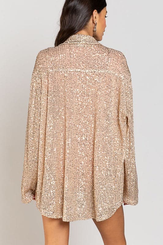 AVAH-Shimmer and Shine Gold Sequin Long Sleeve Button Up Top