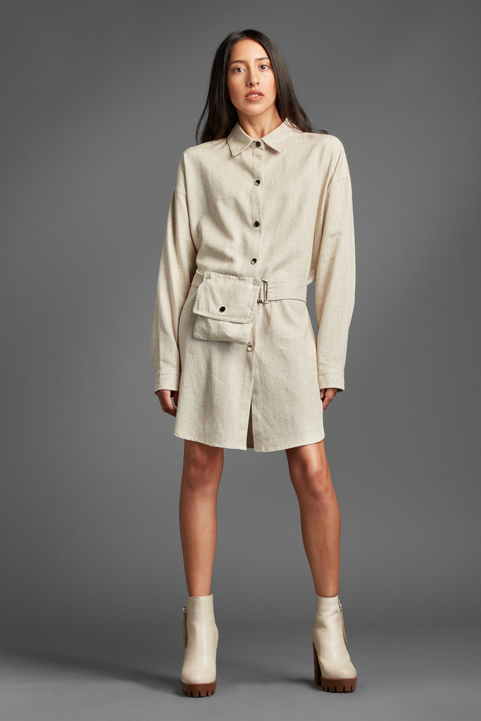 Sleek And Chic Linen Shirt Dress With Belt Pocket-Oat, Beige-Avah Couture