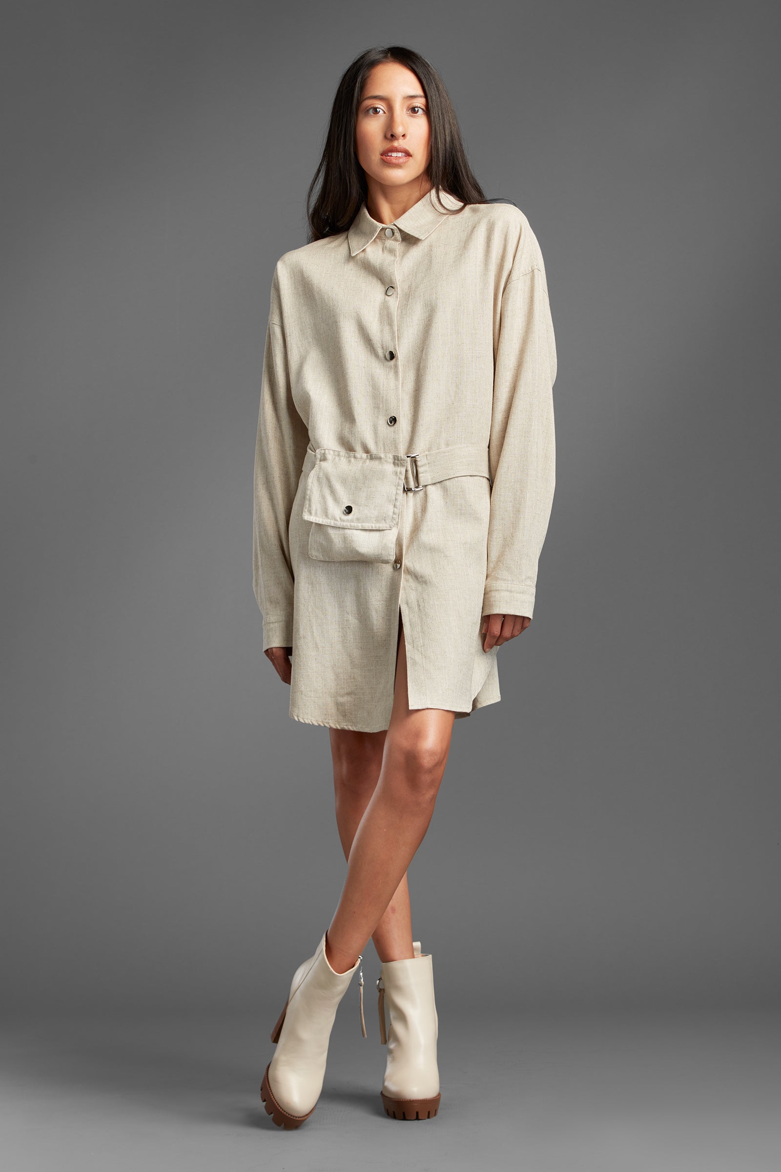 AVAH-Sleek And Chic Linen Shirt Dress With Belt Pocket