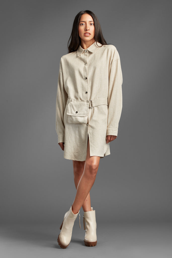 Sleek And Chic Linen Shirt Dress With Belt Pocket-Oat, Beige-Avah Couture