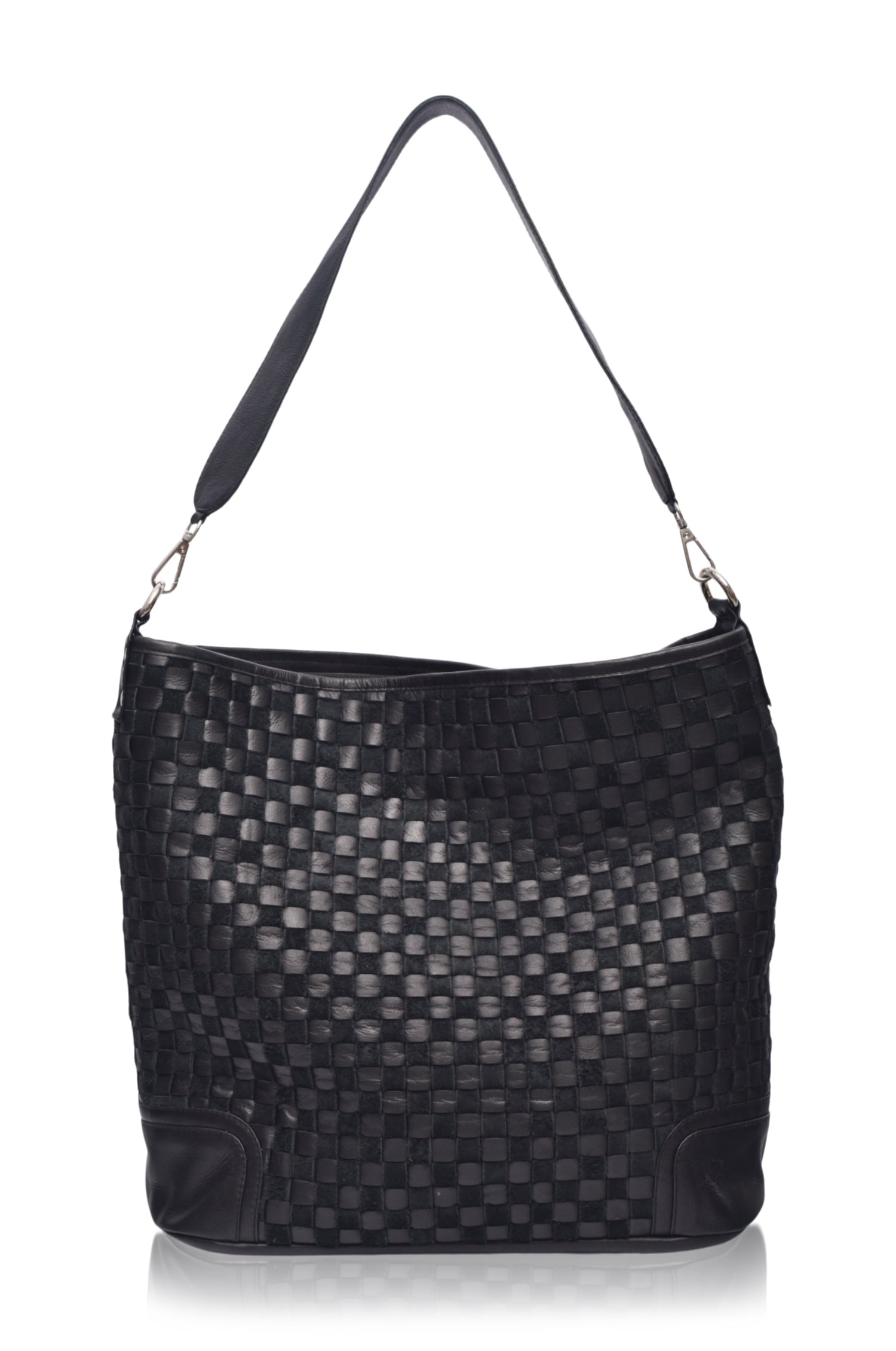 Front view of the black Soho Lane Woven Leather Shoulder Bag with handcrafted woven genuine leather
