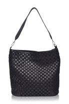 Front view of the black Soho Lane Woven Leather Shoulder Bag with handcrafted woven genuine leather
