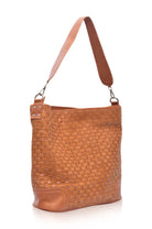 Side profile of the camel Soho Lane Woven Leather Shoulder Bag with genuine leather shoulder strap
