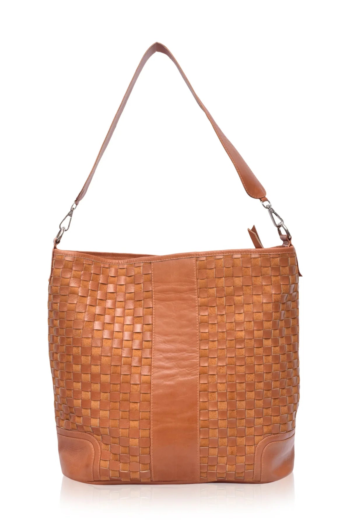 Back view of the camel Soho Lane Woven Leather Shoulder Bag with woven leather construction
