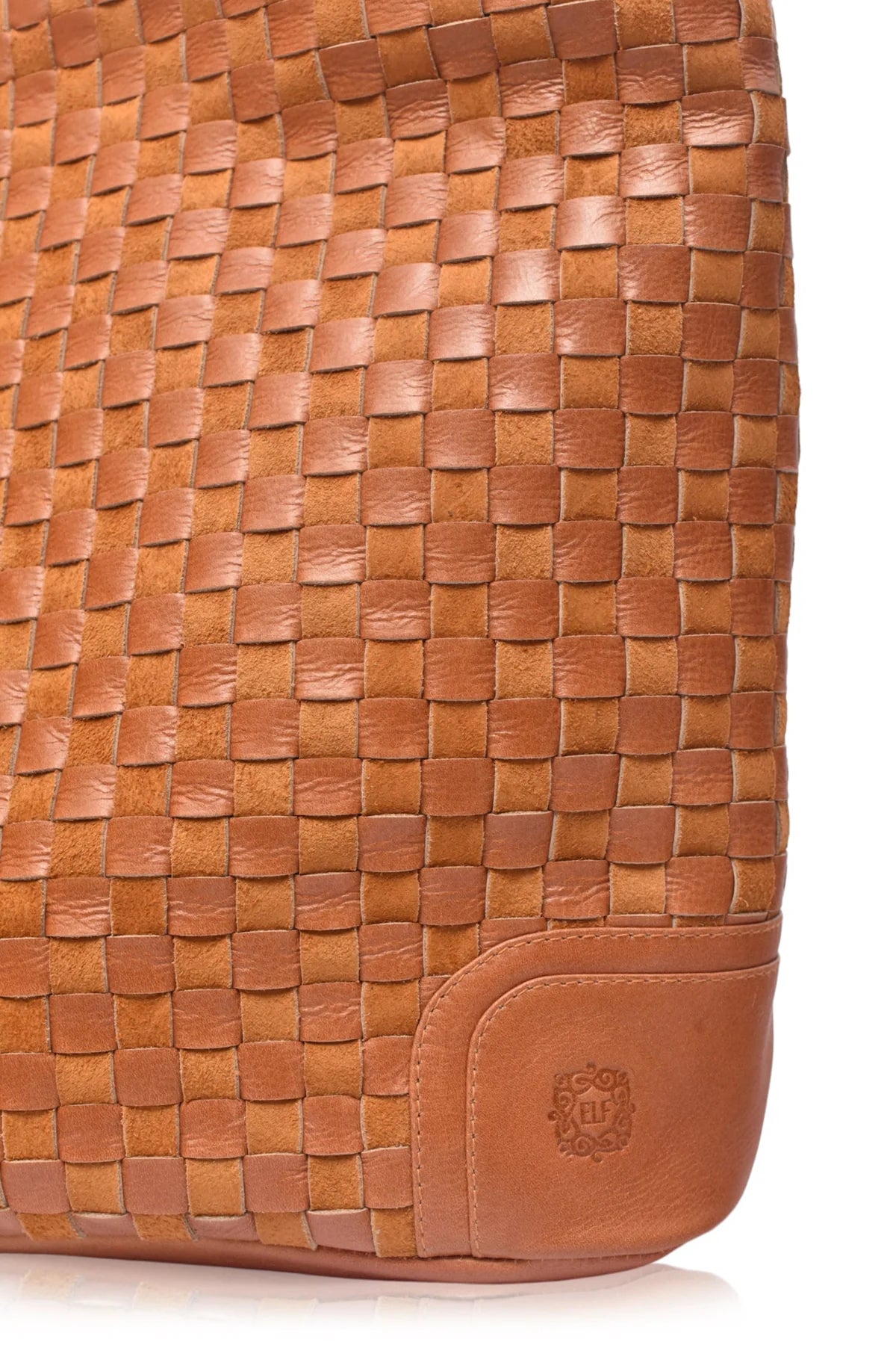 Close up of the camel Soho Lane Woven Leather Shoulder Bag showing handcrafted woven leather texture