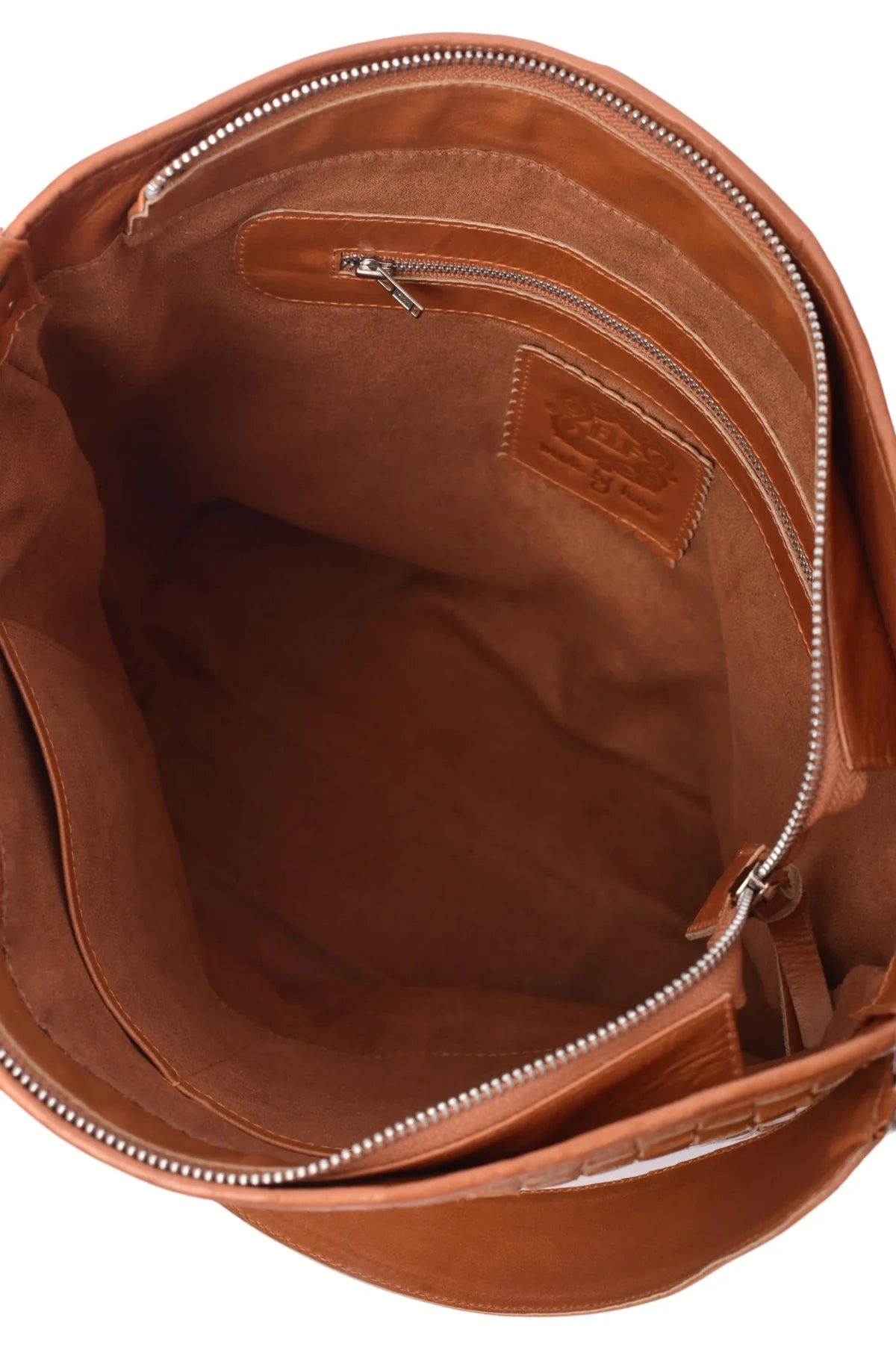 Close up interior view of the camel Soho Lane Woven Leather Shoulder Bag 