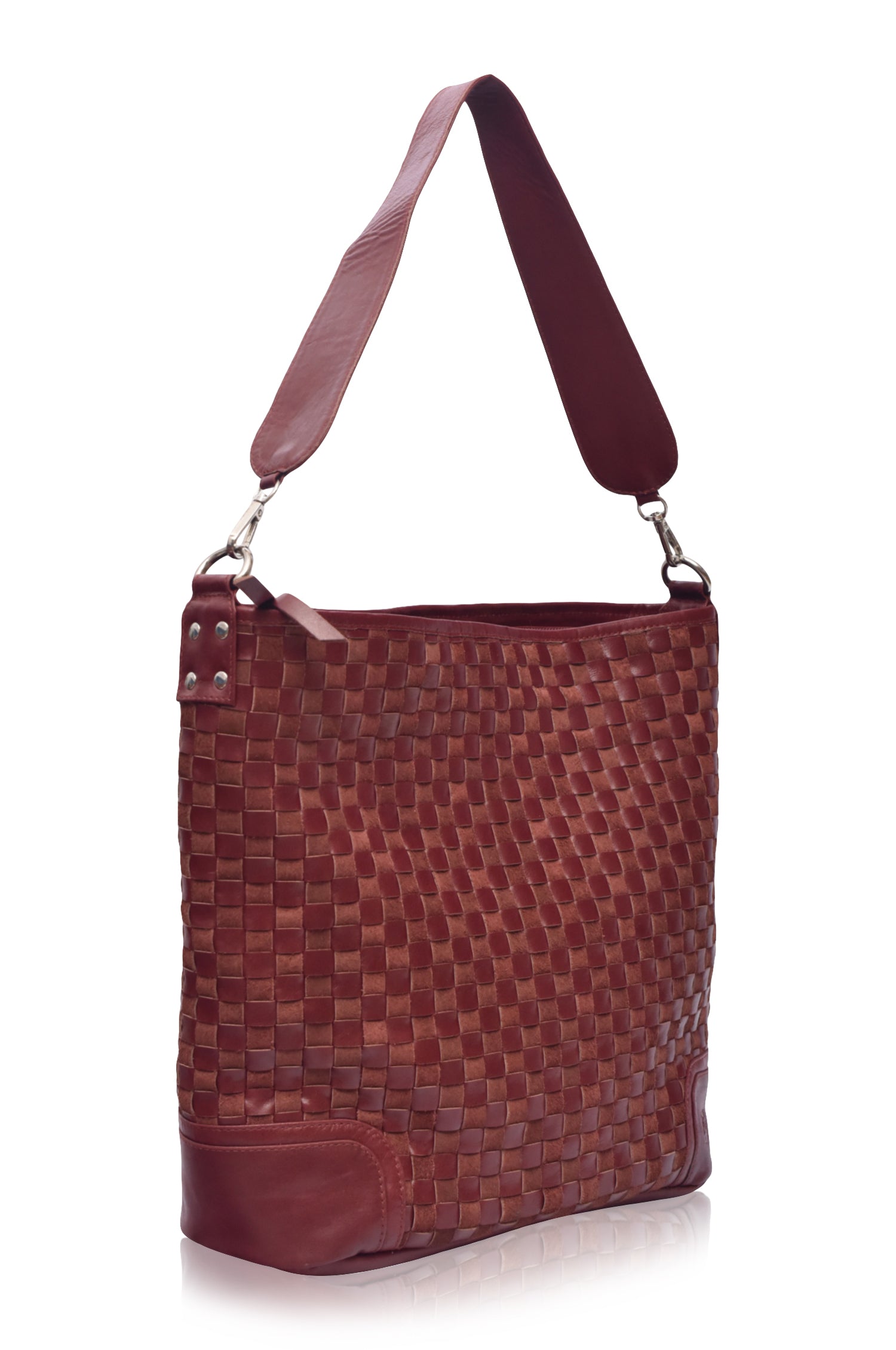 Side profile of the maroon Soho Lane Woven Leather Shoulder Bag with genuine leather shoulder strap