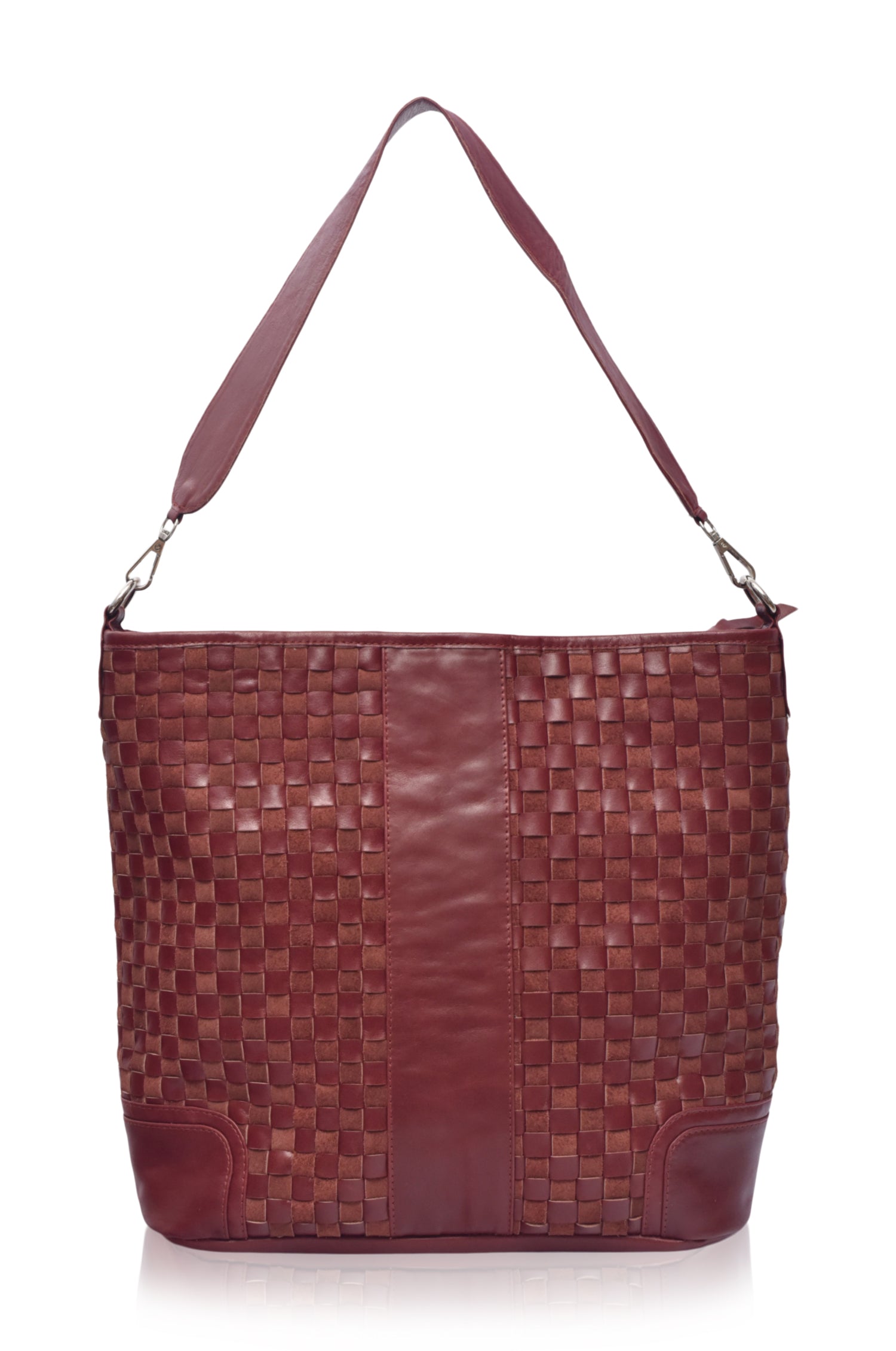 Back view of the maroon Soho Lane Woven Leather Shoulder Bag with woven leather construction
