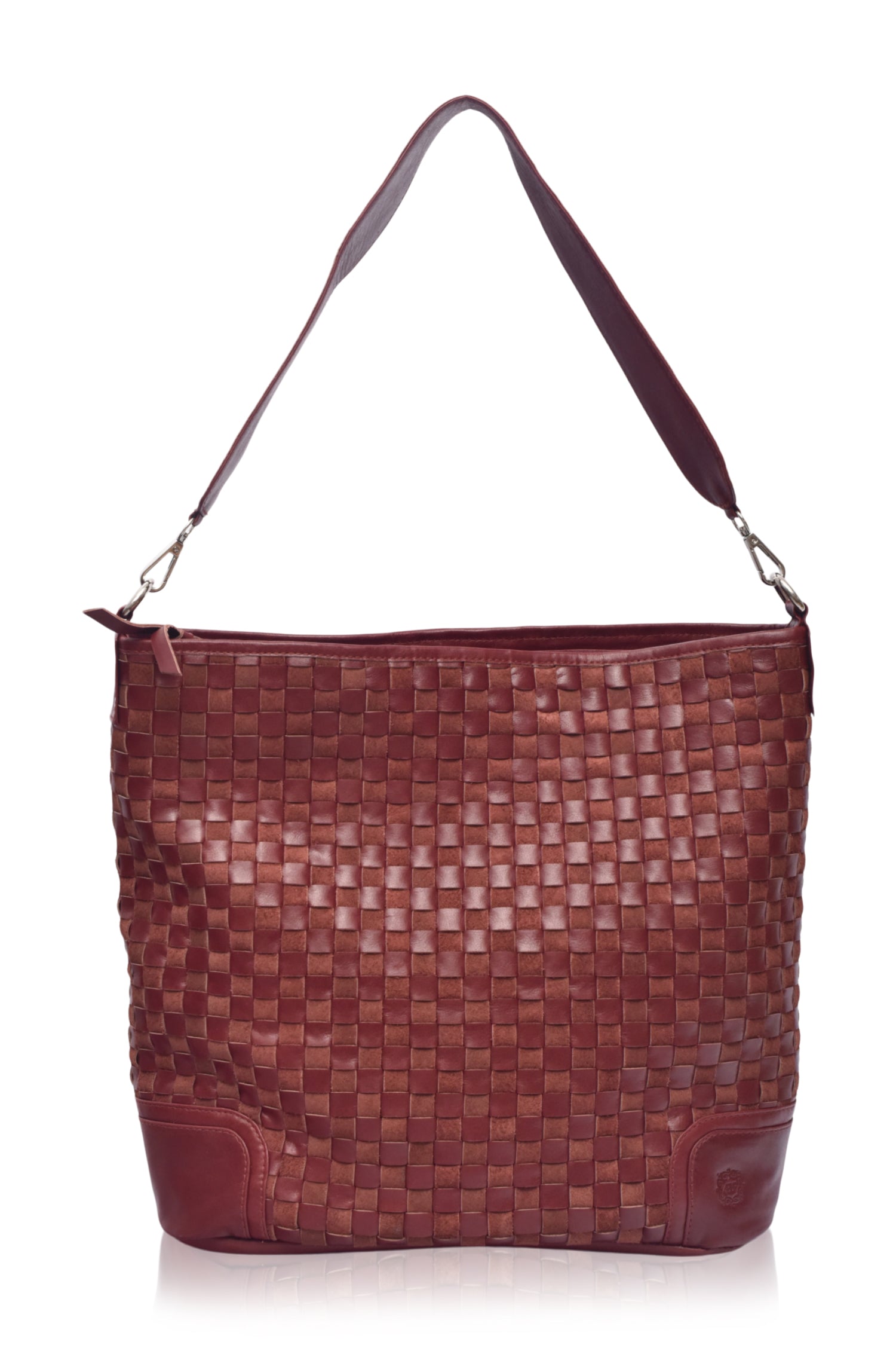 Front view of the maroon Soho Lane Woven Leather Shoulder Bag with handwoven genuine leather
