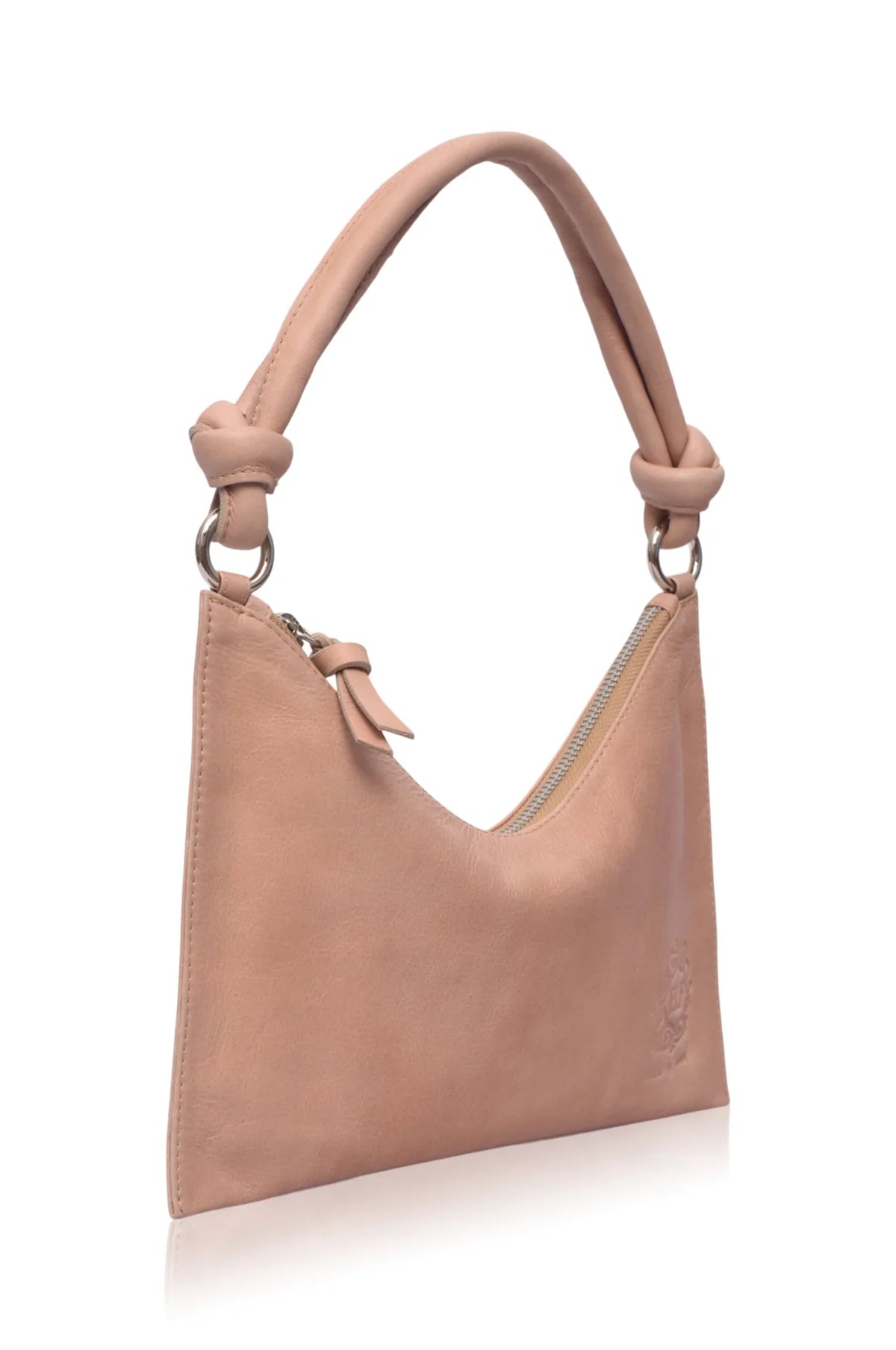 Beige leather handbag with silver hardware and knotted leather handle on a white background