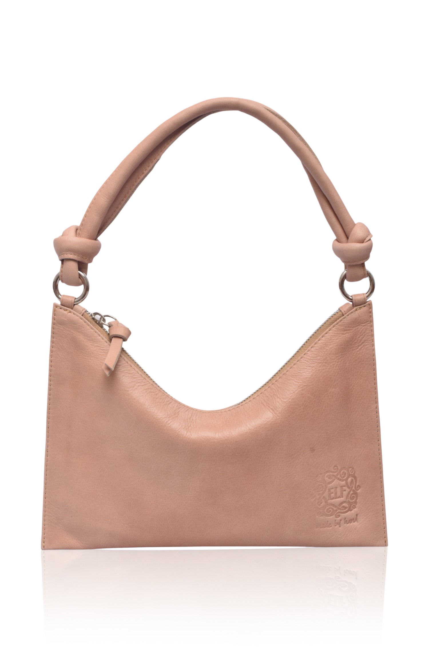 Beige leather handbag with gold hardware and knotted leather handle with a visible brand logo on a white background, front view