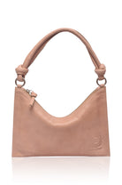 Beige leather handbag with gold hardware and knotted leather handle with a visible brand logo on a white background, front view