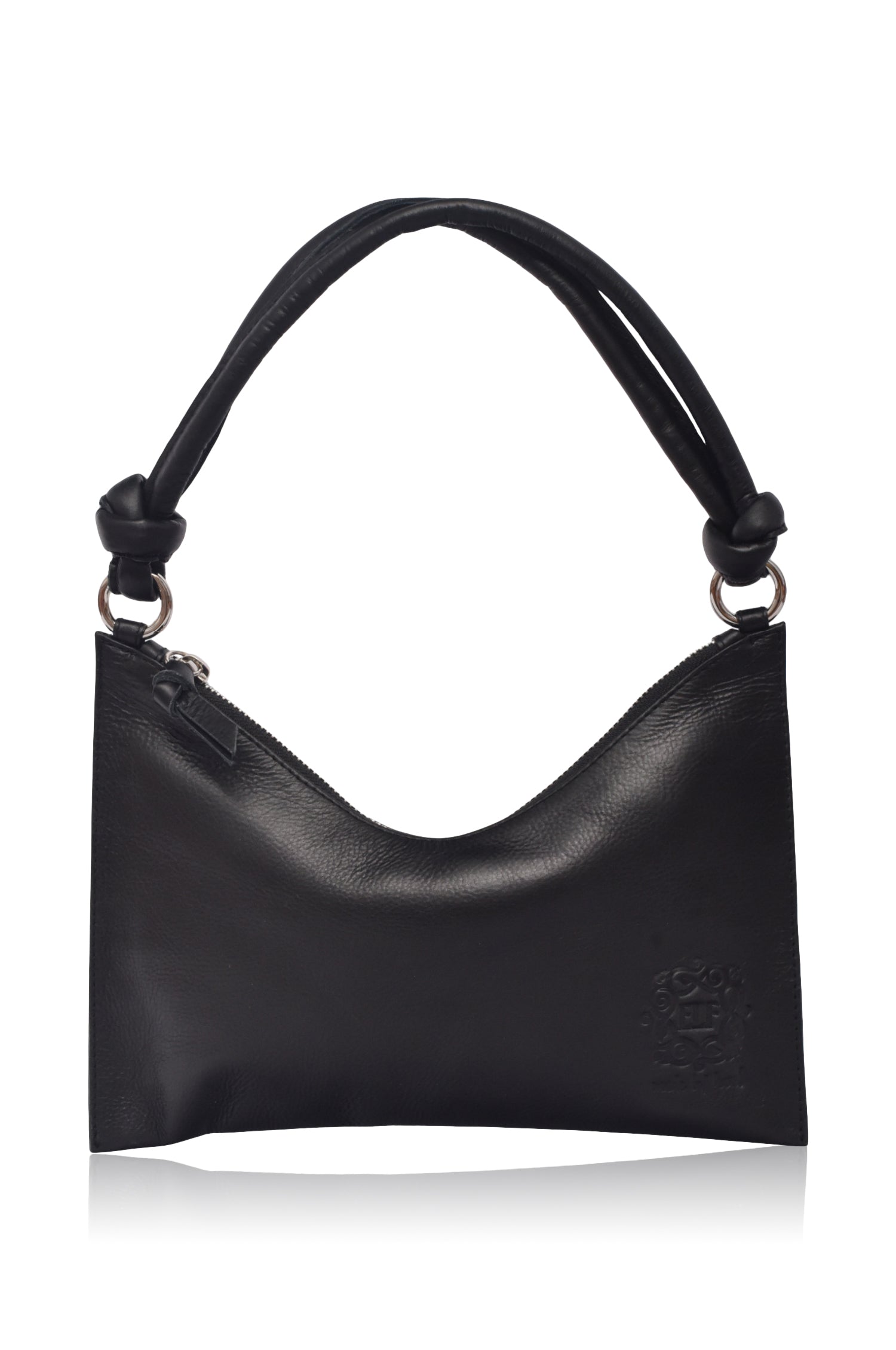 Black leather handbag with silver hardware and knotted leather handle on a white background