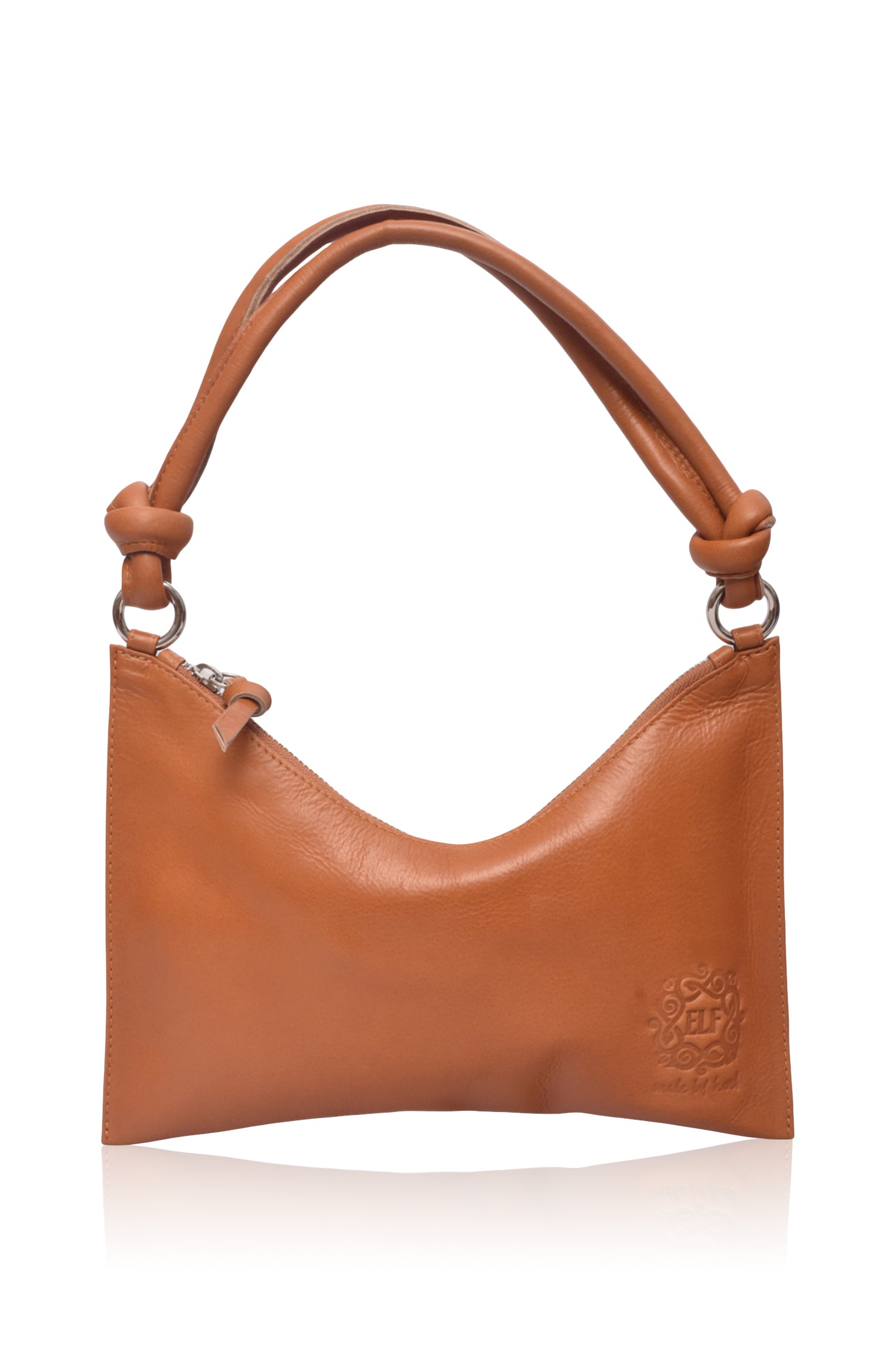 Tan leather handbag with a visible brand logo on a white background