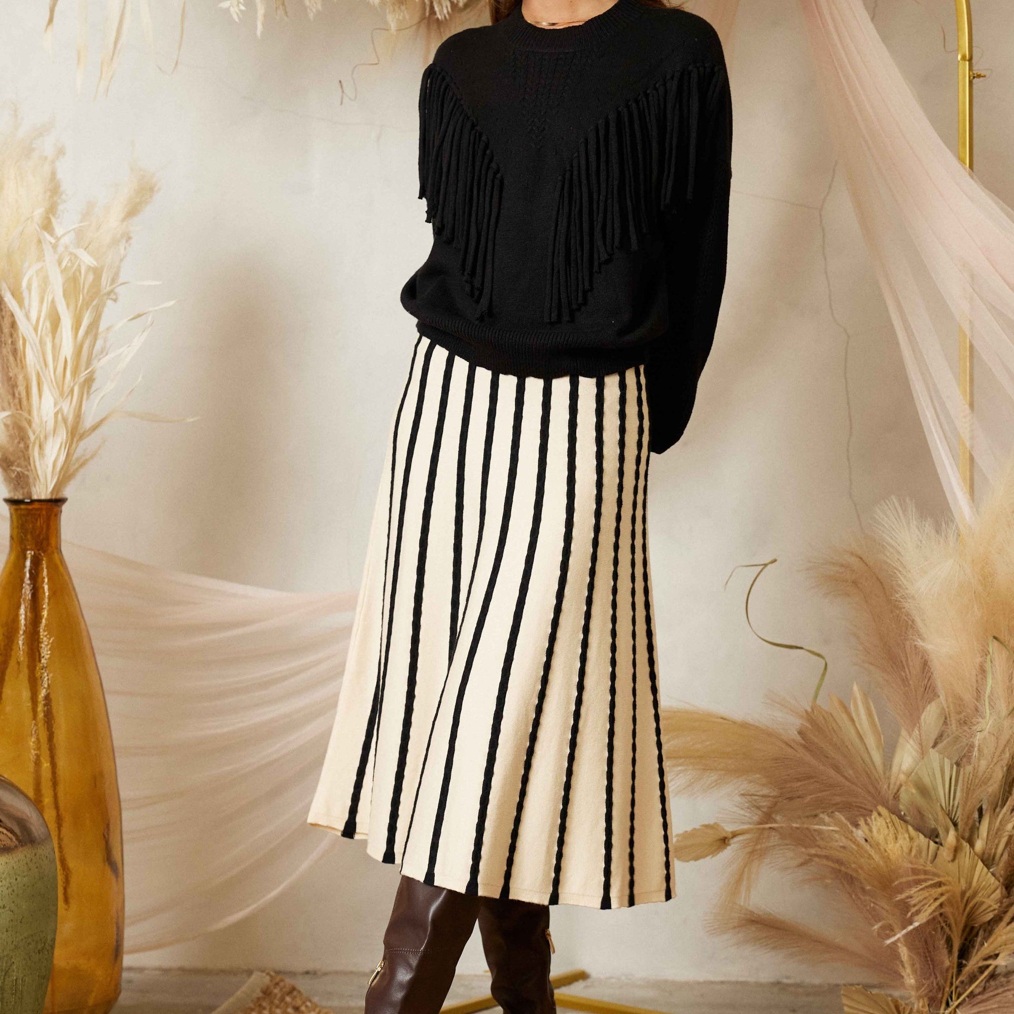 Sunrise Serenade Stripe Sweater Midi Skirt-Black-Ivory-Avah