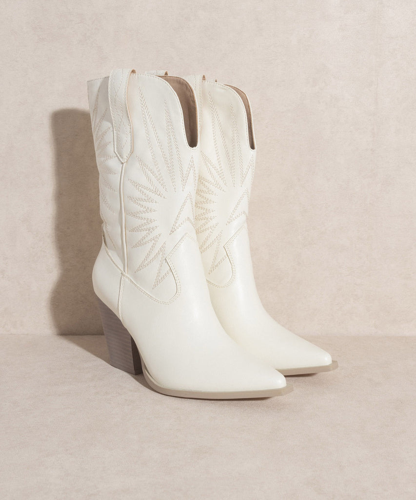 Supernova Starburst Embroidered Cowboy Boots - White-Avah