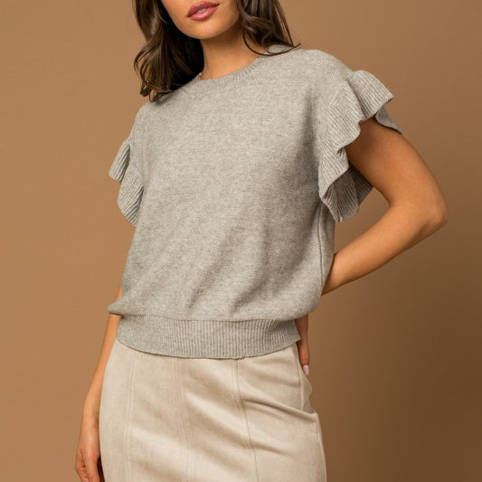 Textured Touch Ruffle Top- Grey-AVAH