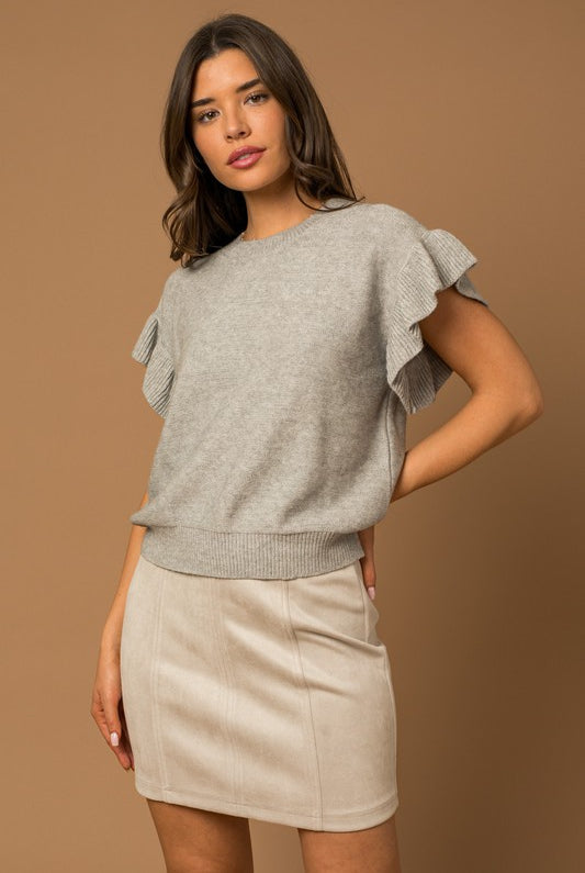 Textured Touch Ruffle Top- Grey-AVAH