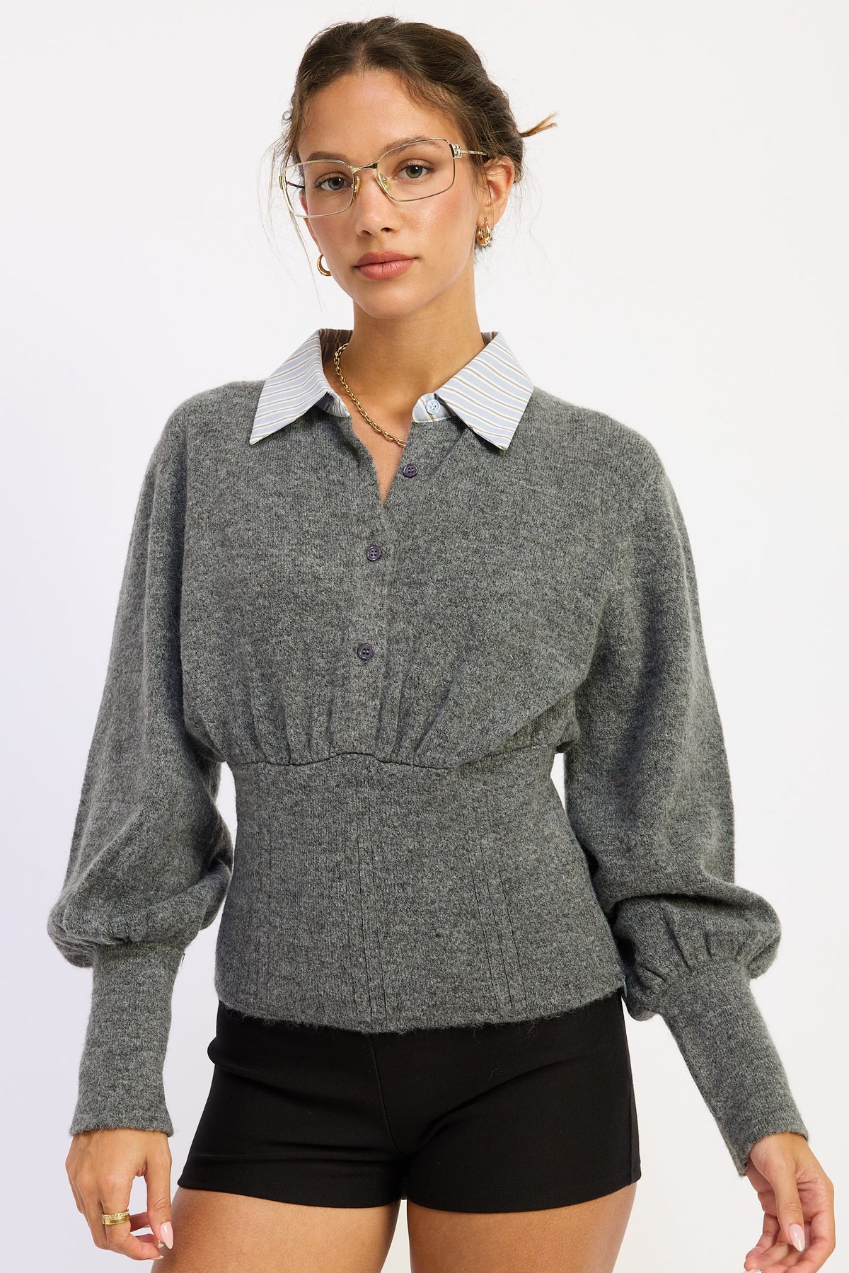 Cambridge Contrast Collar Sweater in charcoal gray with striped shirt collar, button neckline, fitted waist and balloon sleeves, front view.