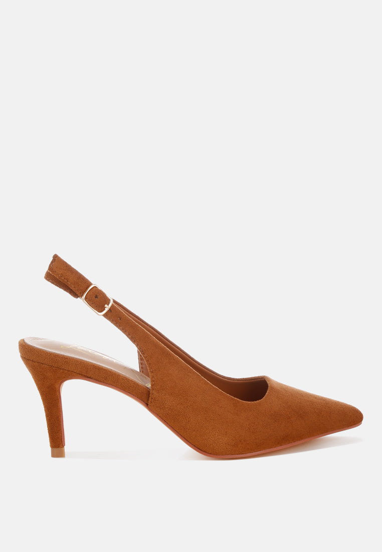 Brown suede slingback shoe on a white background
