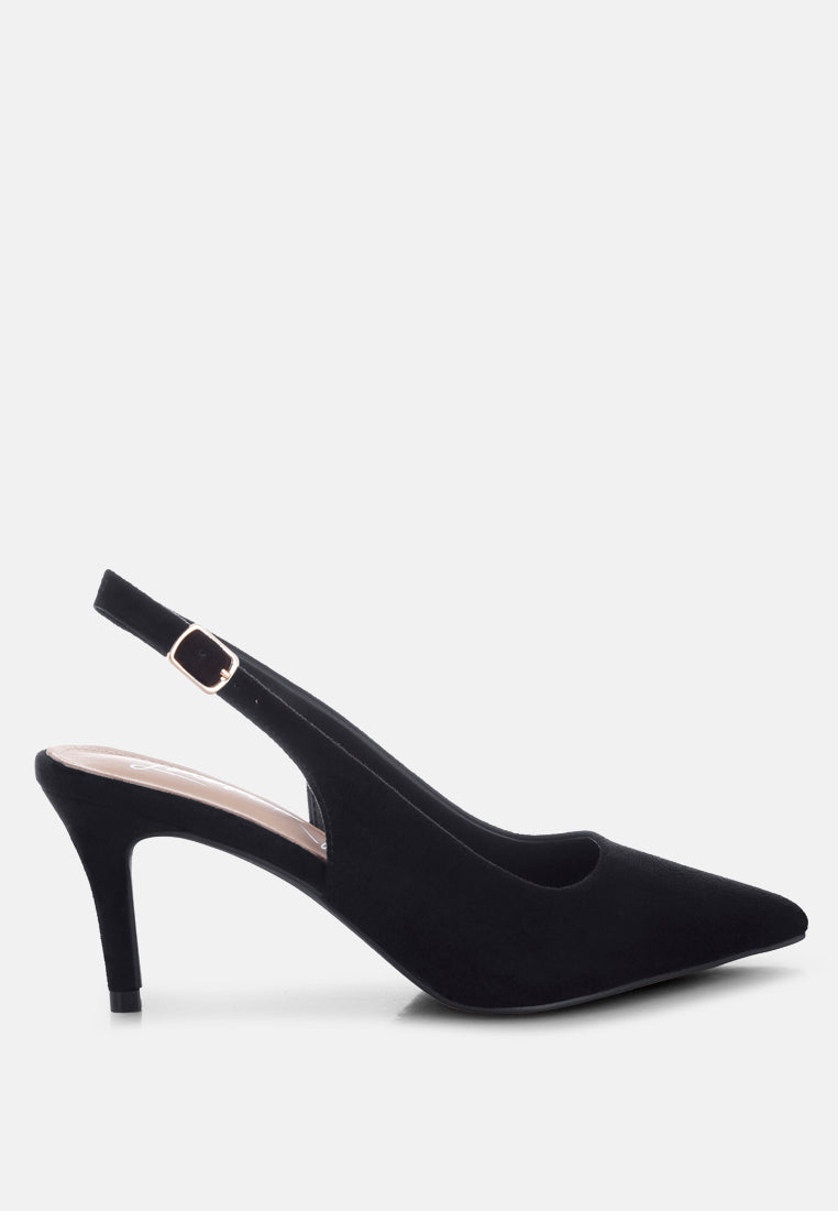 Black suede slingback pump on a white background