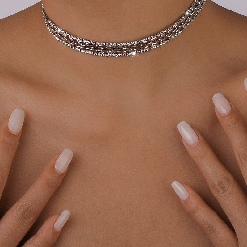 Thick-Rhinestone-Watch-Chains-Choker-Necklace-Silver-AVAH