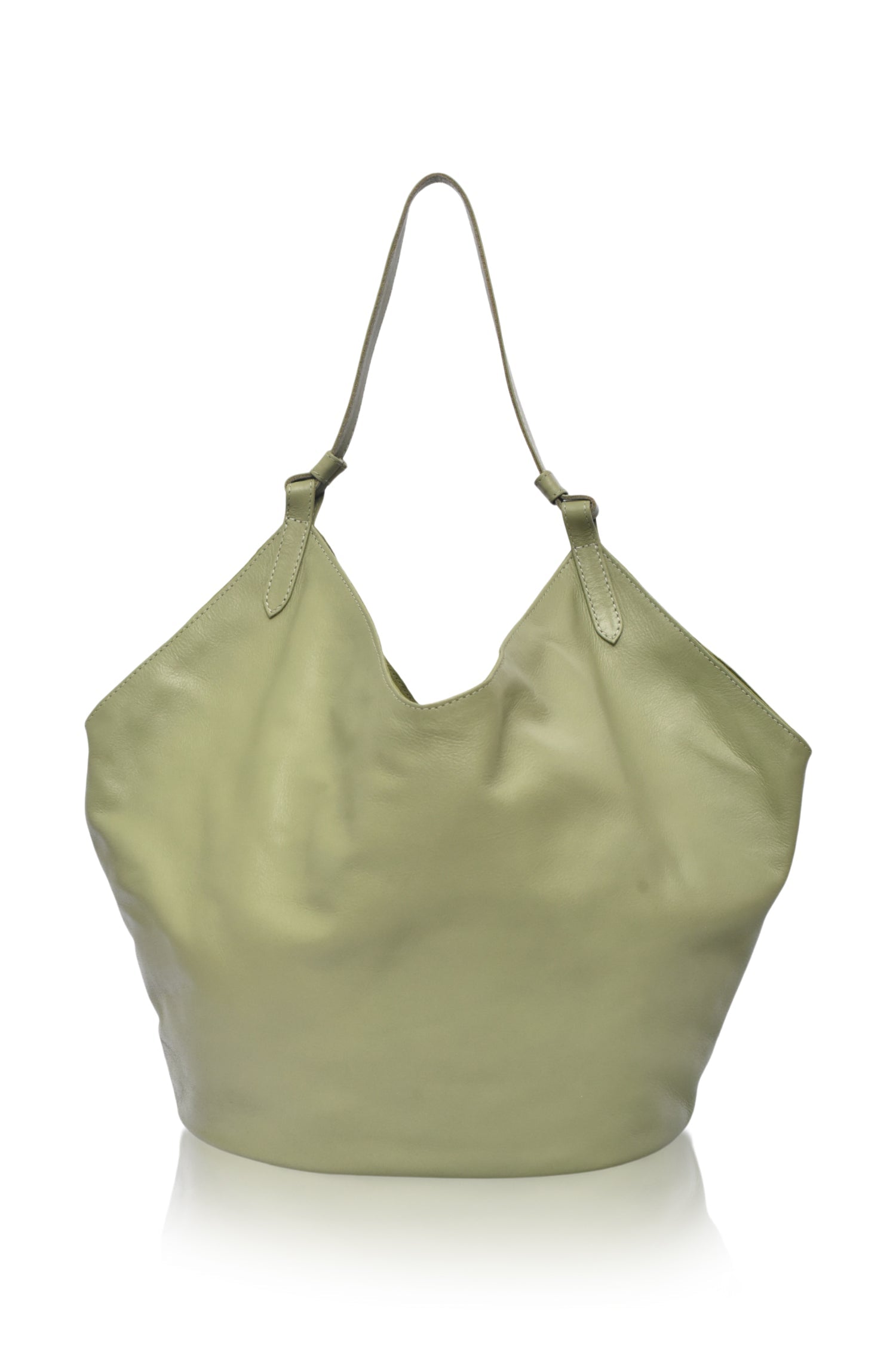 Green soft leather handbag with a handle on a white background, front view