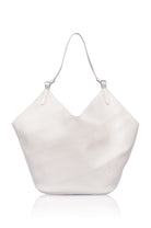 White soft leather bag with a leather handle on a white background, front view