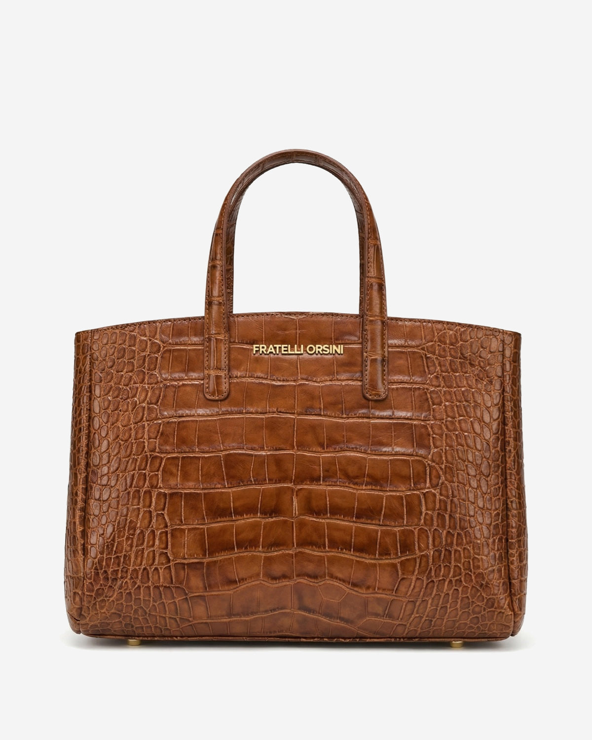 Brown crocodile-patterned handbag with 'Fratelli Orsini' branding on a white background