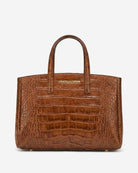 Brown crocodile-patterned handbag with 'Fratelli Orsini' branding on a white background