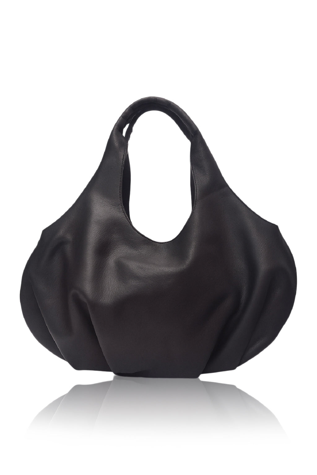 Black leather handbag on a white background, front view