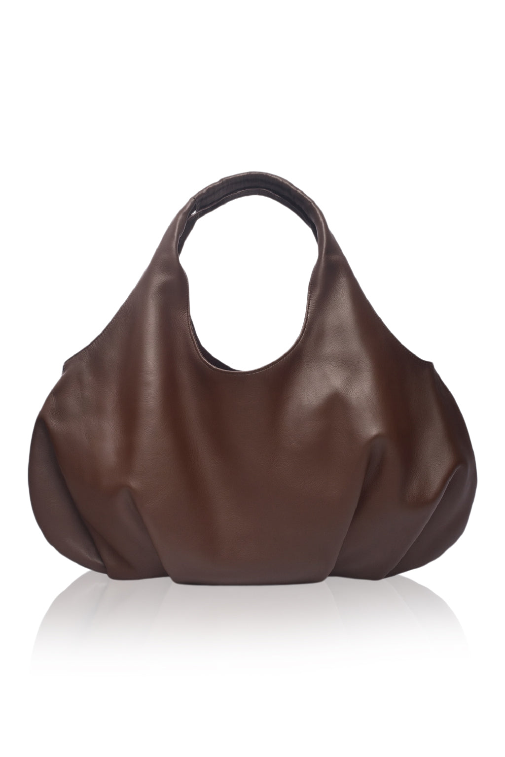 Dark chocolate brown leather handbag on a white background, front view