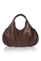 Dark chocolate brown leather handbag on a white background, front view