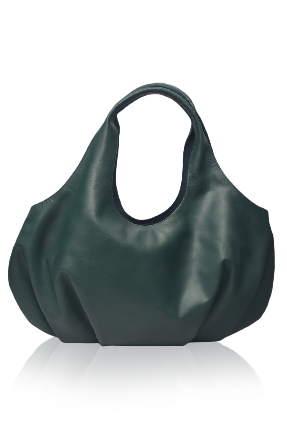 Large green slouchy handbag on a white background, front vew