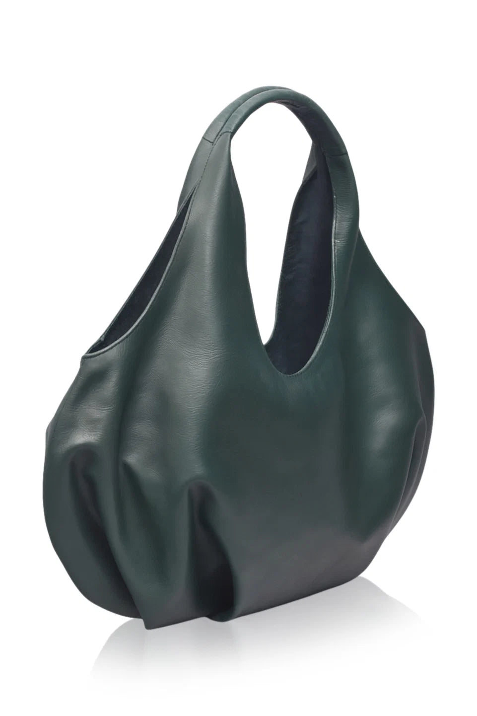 Green leather handbag on a white background, 3/4 view 