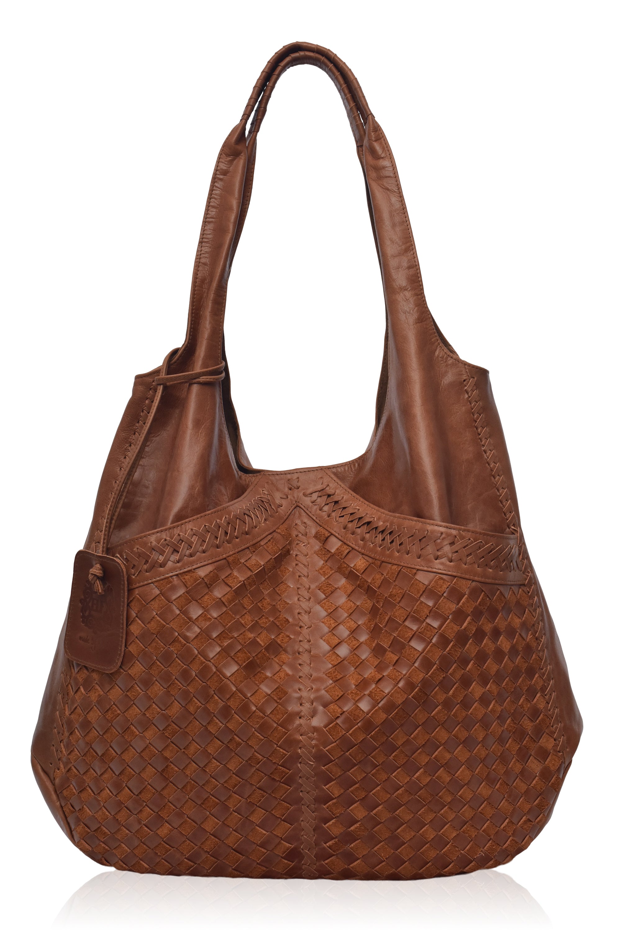 Brown woven handbag on a white background