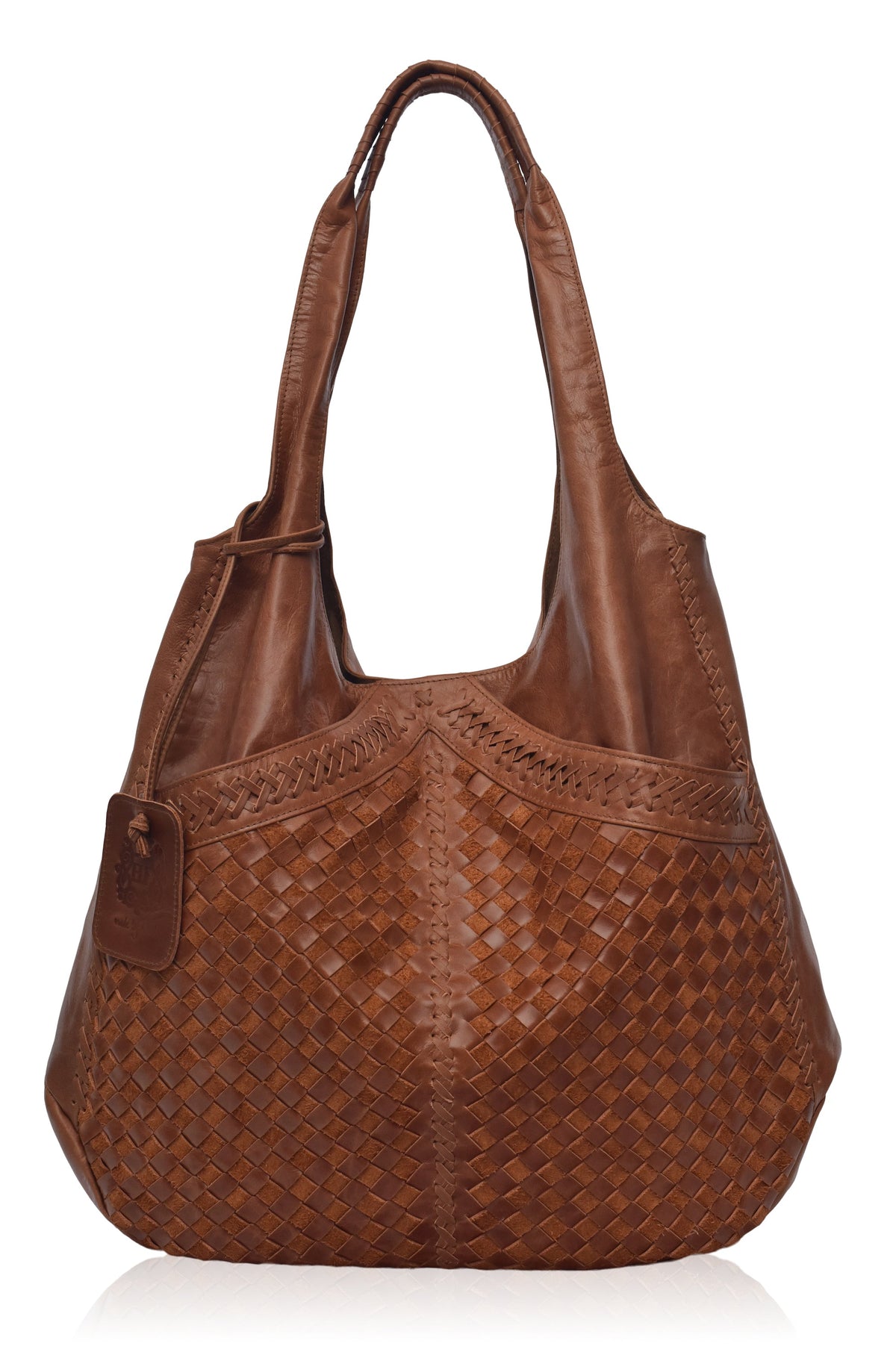 Brown woven handbag on a white background
