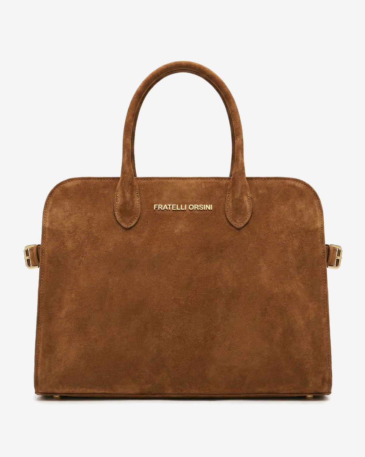 Brown leather handbag with 'Fratelli Orsini' branding on a white background