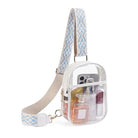 white clear crossbody bag featuring rear zip access and gold hardware