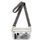AVAH-clear stadium crossbody bag with white accents, and leopard straps, against a white background.
