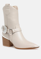 Angled front view of beige Rodeo Romance Western Ankle Boots featuring jeweled buckle, silver harness hardware and pointed toe.