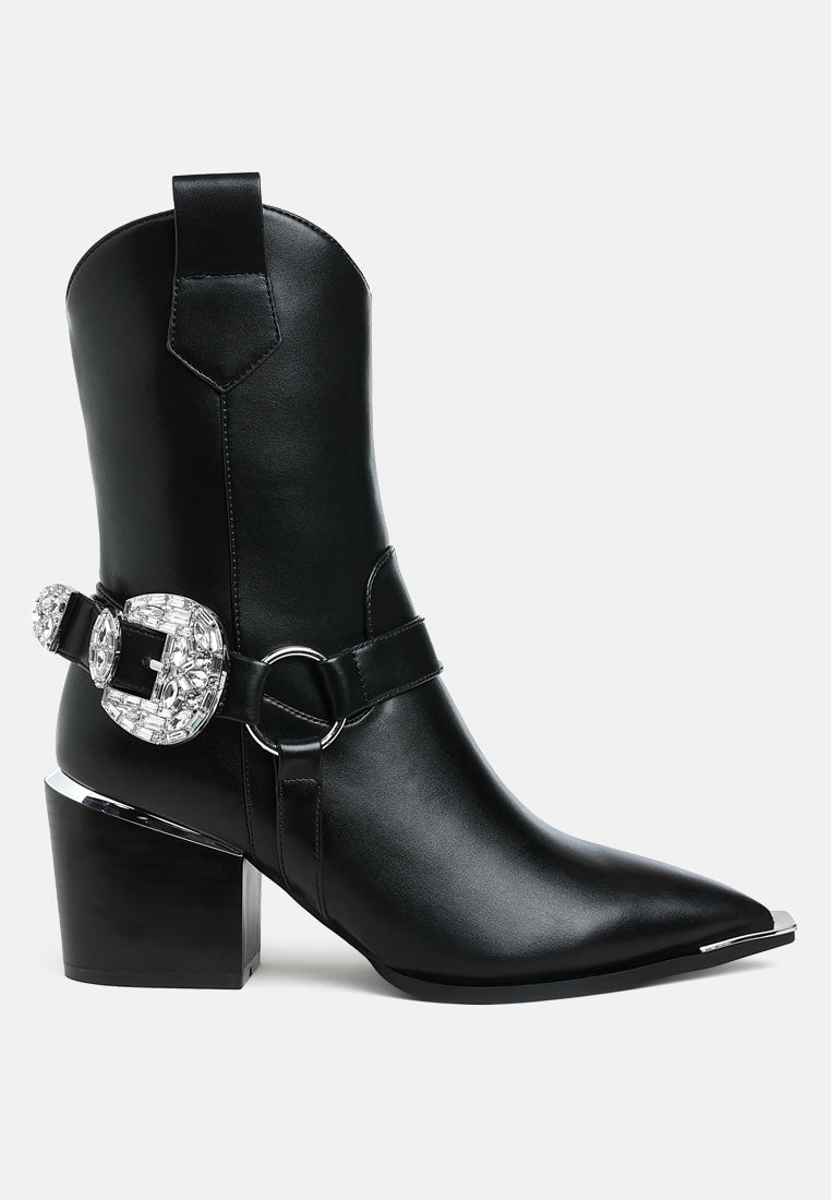 Rodeo Romance Western Ankle Boots in black faux leather with oversized silver jeweled buckle, harness detailing, metallic pointed toe and block heel.