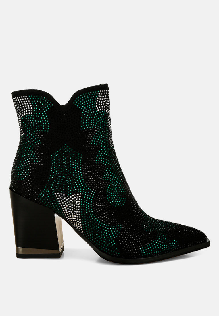 Black ankle boot with green rhinestone pattern on a white background