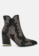 Black perforated rhinestone with silver and burgundy design ankle boot with a block heel on a white background