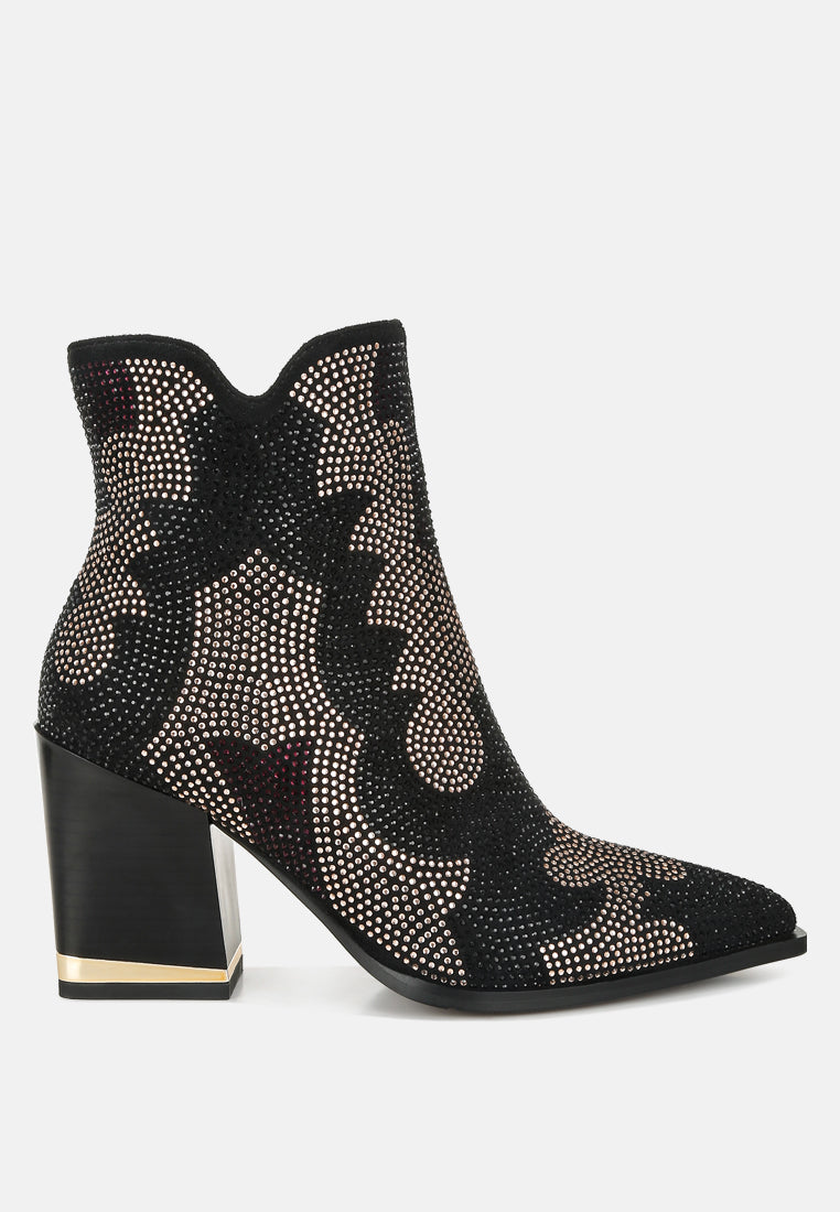 Black perforated rhinestone with silver and burgundy design ankle boot with a block heel on a white background
