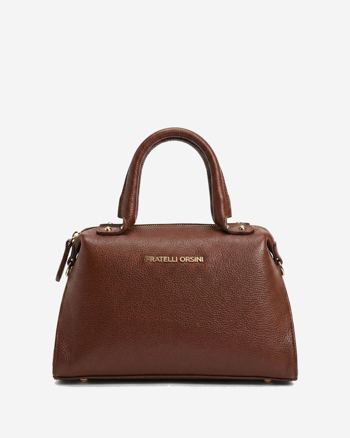 Brown leather handbag with 'Fratelli Orsini' branding on a white background
