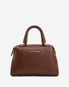 Brown leather handbag with 'Fratelli Orsini' branding on a white background