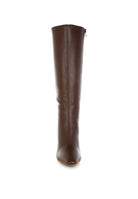 Front view of pointed snip toe brown faux leather tall boot.
