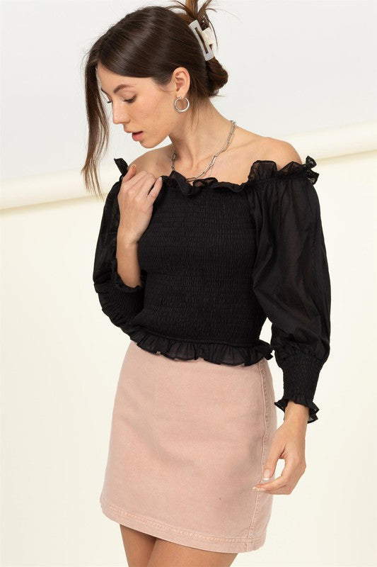 Irresistibly Chic Smocked Off-the-Shoulder Top-Black-Avah